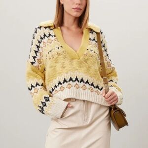 A.L.C Landry Sweater Fare Isle Cropped Johnny Collar Sweater XS Merino Wool